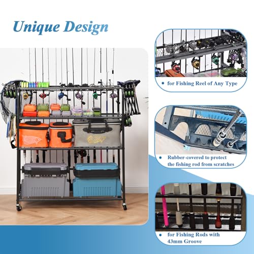 Fishing Rod Holder for Garage, Fishing Pole Holders for 15 Rods 38 * 17", Fishing Rod Rack Basement, Fishing Pole Rack Metal Black with Big Wheels, 4-Tier
