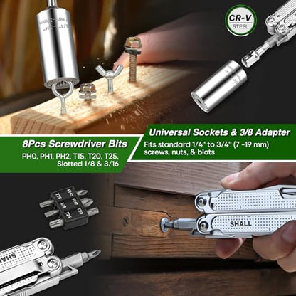 SHALL Multi Tool, 18-in-1 Multitool Pliers, Stainless Steel Multi-tool Pocket Knife w/Screwdriver Bit & Universal Socket, Self-locking Multipurpose Tool w/Sheath for Camping Fishing Survival Hunting - size: Multitool with Universal Socket