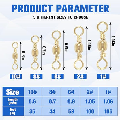 Fishing Barrel Swivels - 50/100 pcs Rolling Ball Bearing Fishing Swivel with Solid Ring Hook Line Connector Copper with Stainless Steel Gold Nickle Coated Test Strength 35-105lbs - size: 1#