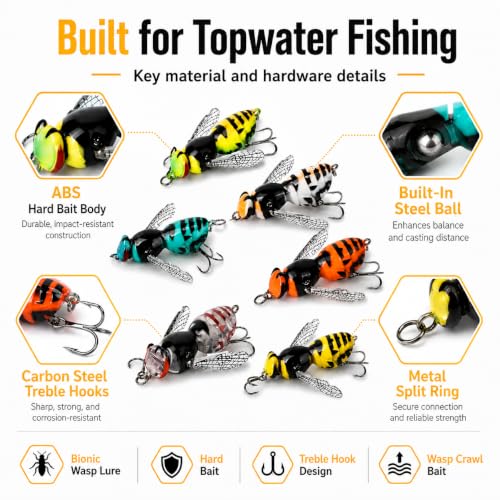 6Pack Bionic Wasp Topwater Lure,Top Water Fishing Lures,Topwater Lures for Bass Walleye Pike,2026 Wasp Crawl Bait for Freshwater and Saltwater-Floating Hard Bait w/Carbon Steel Treble Hooks - size: No. 12
