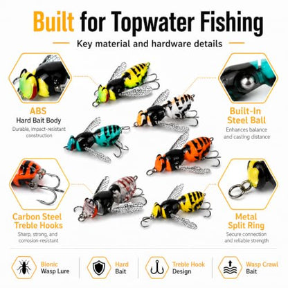 6Pack Bionic Wasp Topwater Lure,Top Water Fishing Lures,Topwater Lures for Bass Walleye Pike,2026 Wasp Crawl Bait for Freshwater and Saltwater-Floating Hard Bait w/Carbon Steel Treble Hooks - size: No. 12