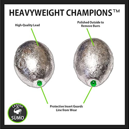 Catfish Sumo Egg Lead Sinker Weights with Line-Protecting Inserts to Guard Against Damage (1-8oz) - size: 4oz, style: 10-pack