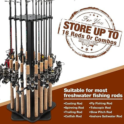 Ghosthorn Fishing Rod Holders for Garage 360 Degree Rotating Fishing Pole Rack, Floor Stand Holds up to 16 Rods Wood Fishing Gear Equipment Storage Organizer, Fishing Gifts for Men Women - style: black