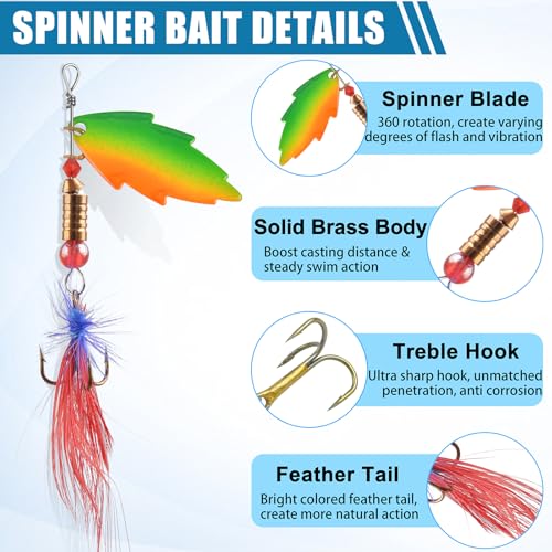 Spinner Baits Bass Lures Rooster Feather Tail Trout Lures Hard Metal Inline Spinner Bait Fishing Lure for Bass Salmon Trout - style: 30pcs Spinnerbaits Kit