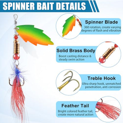 Spinner Baits Bass Lures Rooster Feather Tail Trout Lures Hard Metal Inline Spinner Bait Fishing Lure for Bass Salmon Trout - style: 30pcs Spinnerbaits Kit