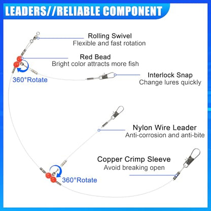 Fishing Leaders Saltwater Fishing Rigs Fishing Wire Leaders with Swivels Snaps High-Strength Fishing Leader Line Rig Bottom Rig Nylon Steel Sea Surf Fishing Rigs Tackle 1Arm 2Arms - color: White Nylon, style: 2 Arm, 12pcs