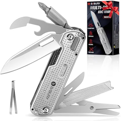 BIBURY Multitool Pocket Knife BI2056, Stainless Steel Multi Tool Knife with Clip, Folding Multitool EDC Knife with Magnetic Locking,Screwdriver,Large Scissors,Glass Breaker for Survival Camping Hiking