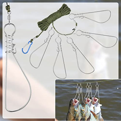 2 Sets Fishing Stringer Clip 16 Feet Rope Fish Stringer Fish Holder with 5 Stainless Steel Snap Hook for Kayak Fishing Gear Equipment Bass