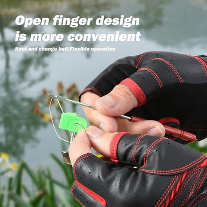 SUJAYU Fishing Gloves Men Women, Anti-Slip Suede Fabric Kayak Gloves, 3-Cut Fingers Fly Fishing Accessories - color: Black+Red, size: Small-Medium