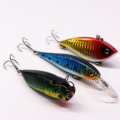 Fishing Lure Set Fishing Spoons Frog Lures Soft Hard Metal Lure Crank Popper Minnow Pencil Jig Hook for Trout Bass Salmon with Tackle Box - color: 53PCS Lures