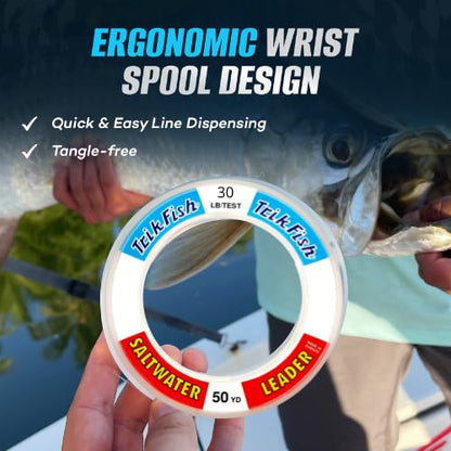 TrikFish Monofilament Leader Line for Saltwater Fishing - Premium Mono Leader Fishing Line - Saltwater Leader Material - Clear, High-Strength & Abrasion Resistance, User-friendly Wrist Spool - 50 Yard - size: 50 Yards, style: 60lb Test