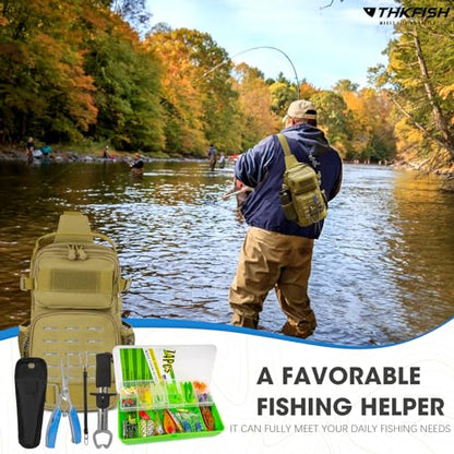 THKFISH 79 Pcs Fishing Tool Kit, Fishing Backpack with Tackle Boxes Fishing Pliers Kit Fishing Bait Lure Gear Kit Include Fish Hook Remover, Fishing Lures, Lip Gripper - color: Camouflage
