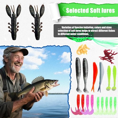 EXAURAFELIS Fishing Lures Tackle Kit, Mixed Hard & Soft Baits Metal Spoons Fishing Accessories for Bass Trout Pike Freshwater Saltwater Fishing - color: 107pcs