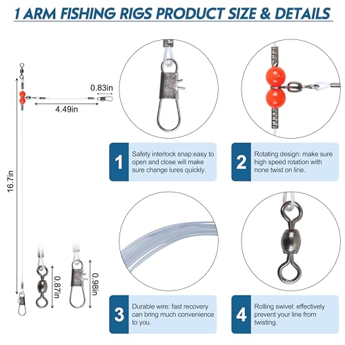 Fishing Leader Rigs Saltwater Tackle Rigs with Swivels Snaps, High Strength Wire Leaders Rigging Surf Fishing Gear Equipment for Lures Bait Hooks Catfish Walleye - color: Blue Nylon Leader, size: 12PCS, style: 1 Arm