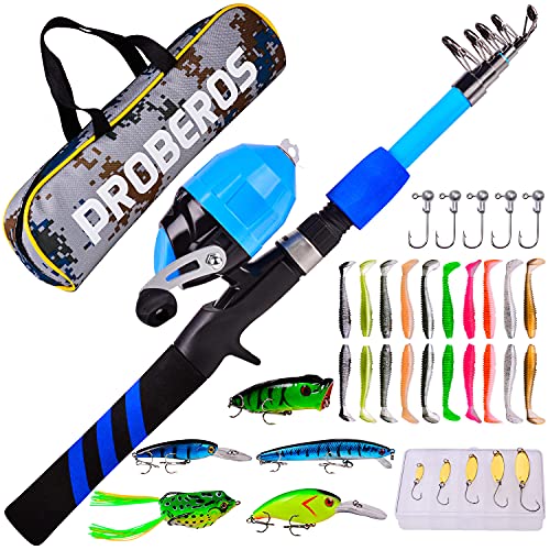 PROBEROS Kids Fishing Pole - Portable Telescopic Fishing Rod and Reel Combo Kit - Spincast Fishing Reel Casting Rods with Lures Lines Tackle Box and Bag for Boys Girls Youth Fishing - color: Blue(Black Handle Rod), size: 1.5M/4.9Ft
