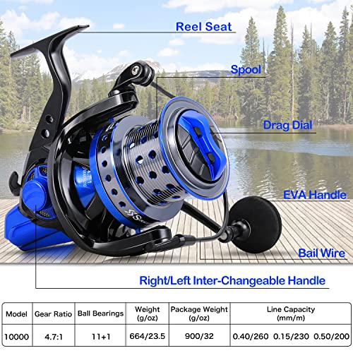 Sougayilang Spinning Reels 10000 Series Surf Fishing Reels, Ultra Smooth Powerful with CNC Aluminum Spool, Inshore & Offshore Saltwater Fishing - color: Blue- SFL10000