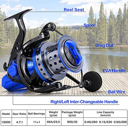 Sougayilang Spinning Reels 10000 Series Surf Fishing Reels, Ultra Smooth Powerful with CNC Aluminum Spool, Inshore & Offshore Saltwater Fishing - color: Blue- SFL10000