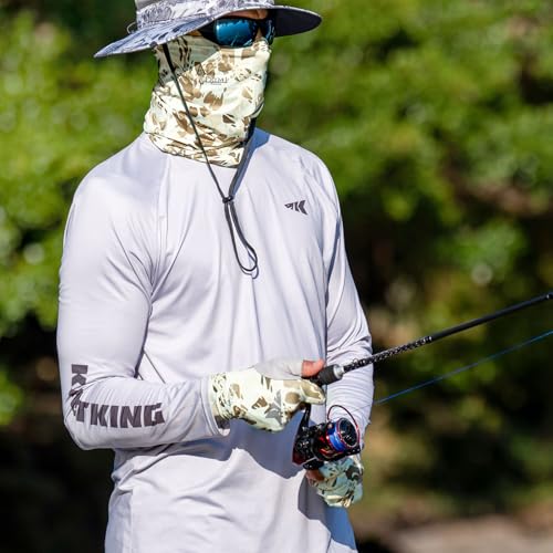 KastKing Agies Fishing Gloves Men, UPF 50+ Sun Gloves UV Protection, Cooling Quick-Dry 3/4 Fingerless Gloves with Extended Cuff, Microfiber Palm & Pull Tabs, for Fishing, Kayaking, Hiking, Hunting - color: X Camo-Neutral, size: Small-Medium