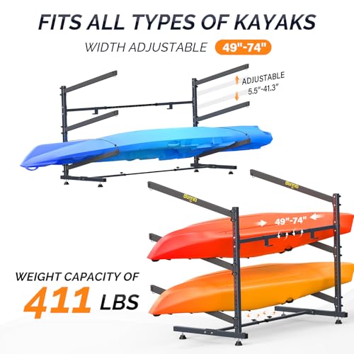 Bonnlo Kayak Storage Rack, Adjustable Heavy Duty Kayak Rack for Kayaks Paddle Boards, Kayak Paddle Holder for Garage, Spacesaver, Gentle on Padding, Boat Organizer - style: 3 Kayaks, Free Standing(Londger Arms)