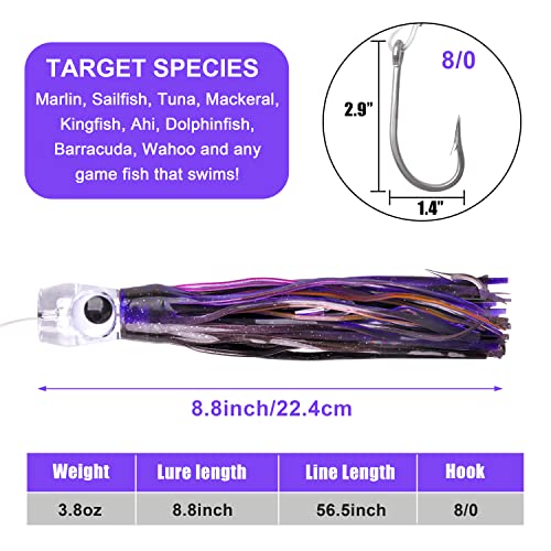 Saltwater Fishing Lures 6/9inch Trolling Lures for Marlin Mahi Tuna Dolphin Shark Big Game Deep Sea Fishing Baits Squid Skirts Rigged Hooks Ocean Gear Tackle - color: Purple-1pcs, size: 9inch