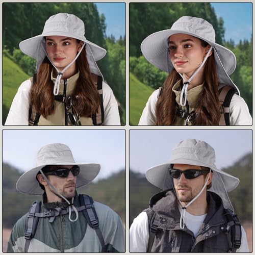 Sun Hats for Men Women, UPF50+ Protection Safari Hat,Wide Brim Fishing Hat with Neck Flap,Bucket Hats for Beach Hiking - color: Lightgreysleeves
