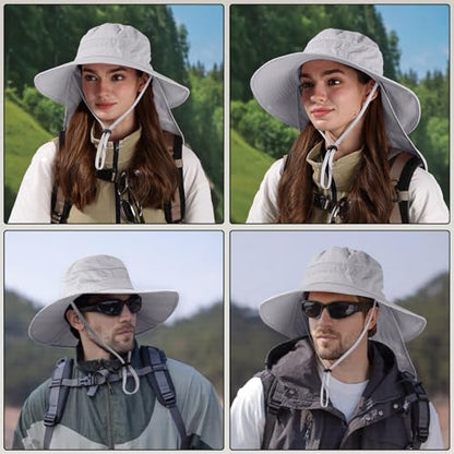 Sun Hats for Men Women, UPF50+ Protection Safari Hat,Wide Brim Fishing Hat with Neck Flap,Bucket Hats for Beach Hiking - color: Lightgreysleeves