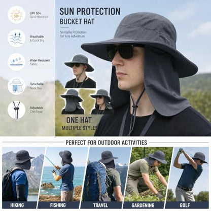 Sun Hat Bucket Hats for Men Women,Outdoor Wide Brim Fishing Hat with Detachable Face Cover & Neck Flap UV Protection - color: Deepgrey