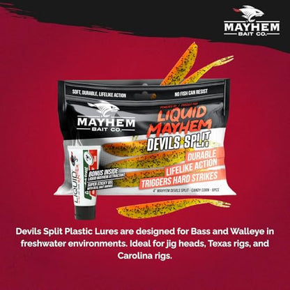Liquid Mayhem Devils Split 4” – Soft Plastic Lures for Bass & Walleye with Fast Darting Action – Includes Bonus 10ml Attractant – 6 Baits Each Pack - size: 4" Kit - 3 Pack, style: Candy Corn