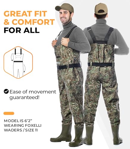 Foxelli Chest Waders – Waterproof 2-ply Nylon/PVC Camo Hunting Fishing Waders for Men and Women with Boots - color: Camo, size: 11