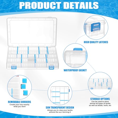 Wonderjune 6 Pack 3600 Tackle Boxes Fishing Tackle Trays with Removable Dividers Waterproof Plastic Fishing Lure Clear Organizer Box Storage Trays for Bait Lure Parts Bead Small Tools