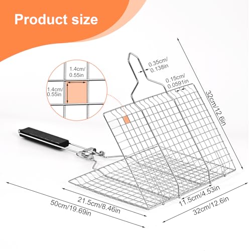 Fish Grill Baskets，Folding Portable Fish Grilling Rack For Grill, BBQ Grilling Basket, Stainless Steel Grill Basket For Veggies, Shrimp, Meat Cook，Come With Storage Bag and Two Basting Brush