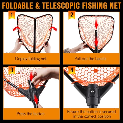 Dovesun Rubber Fishing Landing Nets Telescopic Handle Nets Folding Nets with Collapsible Handle for Catch & Release Fishing Gift 17.6" dia-13.7" Depth Black/Orange - color: Orange