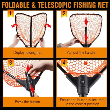 Dovesun Rubber Fishing Landing Nets Telescopic Handle Nets Folding Nets with Collapsible Handle for Catch & Release Fishing Gift 17.6" dia-13.7" Depth Black/Orange - color: Orange