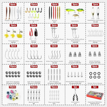 MadBite by KastKing 182/265/400pcs Compact Fishing Tackle Kit - All-in-One Freshwater Hooks, Weights, Bobbers in Tackle Box, Fishing Gear Set for Bass Trout Panfish - style: 143pcs Freshwater Lure Kit