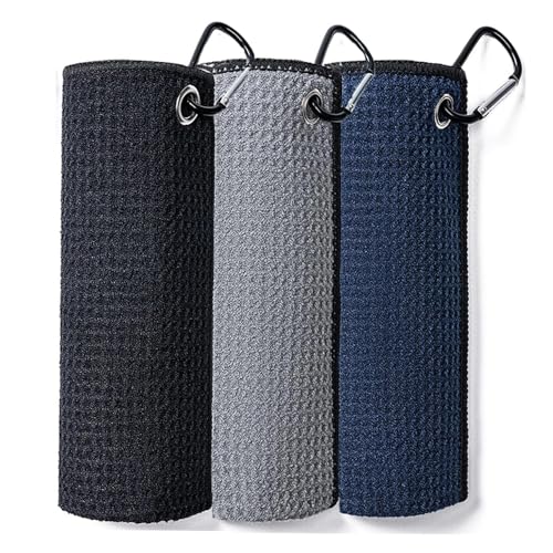 Livious 3 Pack Golf Towels,16" x 16" Portable Microfiber Fabric Waffle Pattern Golf Towel for Golf Bag with Carabiner Clip - color: Black/Gray/Blue