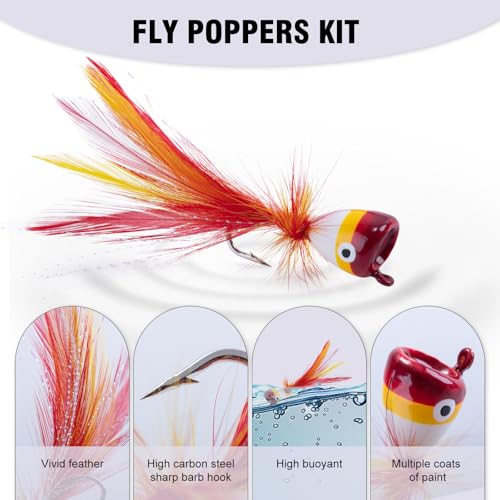 Goture Fly Fishing Poppers Lures, Topwater Popper Flies Bugs Lure, Fly Fish Poppers Fishing Lures Kit, Dry Flies for Panfish Bluegill Crappie Sunfish Bass Trout Salmon - color: C1:26pcs Popper Flies