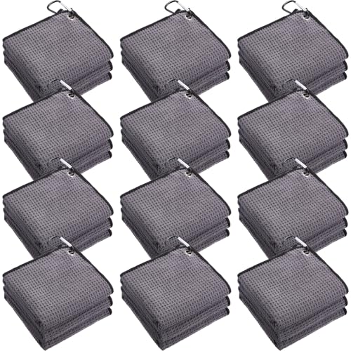 Batiyeer 12 Pcs Golf Towel Bulk for Golf Bags Microfiber Fabric Towel with Clip Waffle Pattern, Fitness, Camping, Hiking, Yoga - color: Gray