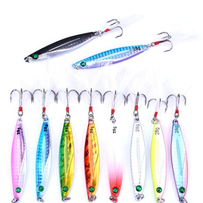 Aorace 10pcs Hard Metal Jigs Diving Sea Fishing Lures Minnow Popper Baits Tackle Crankbait Saltwater Freshwater Lures with Feather - color: 10pcs 7.7cm/28g