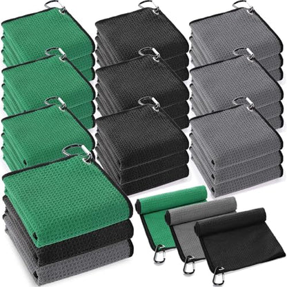 Batiyeer 30 Pcs Golf Towels Bulk for Bags 16'' x 16'' Microfiber Fabric Golf Towel with Clip Waffle Pattern for Men Mini Tournament Fitness Yoga Camping(Black,Gray,Green) - color: Black,gray,green