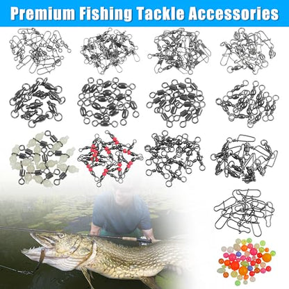 Fishing Swivels Kit - Ball Bearing Swivel, Rolling Barrel Swivel, Crossline Three Way Swivel, Duo Lock Snap, High Strength Fishing Line Connector for Bass Trout Saltwater Freshwater - color: 170PCS