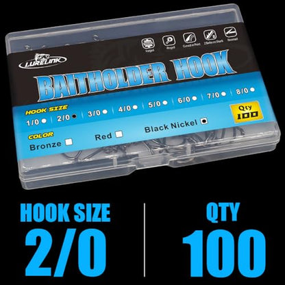 Baitholder Fishing Hooks 100 Pack - Double-Barbed Long Shank for Bluegill Bass Trout Walleye Black/Red, 8/0-#8 - color: 2-Black, size: 2/0 100-Pack