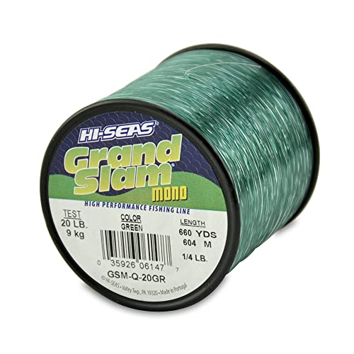 HI-SEAS Grand Slam Monofilament Fishing Line - Strong & Abrasion Resistant in Clear, Pink, Green, Smoke Blue, Fluorescent Yellow Freshwater & Saltwater – Quarter Pound Spool - color: Green, style: 20 Lb Test, 0.45 Mm Dia, 660 Yd