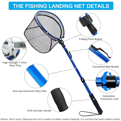 LBW Collapsible Fishing Net with Handle, Folding Kayak Net for Freshwater or Saltwater, Trout Catfish Bass Compact Rubber Landing Net