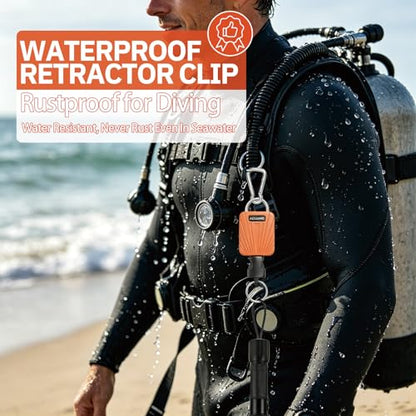 nitescuba Scuba Gear Retractable Gear Tethers, Heavy-Duty Dive Clip Lanyard with 316 Stainless Steel Snap Hook, Split Ring and 58cm (22.83″) Quick-Release Extension Cord for Dive Light & Camera-orange