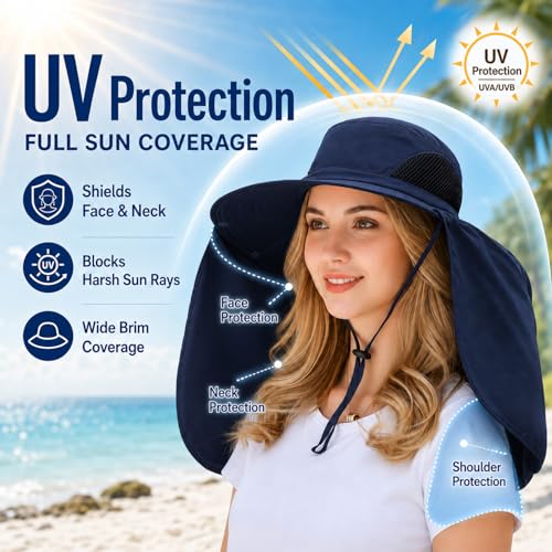 HUAMULAN Women Large Brim Sun Hat with Neck Flap, Men Quick Dry Hiking Fishing Safari Hat UPF 50+ - color: Navy Solid