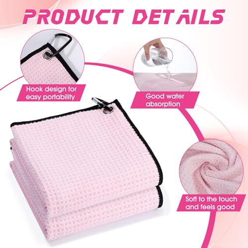 Batiyeer 12 Pcs Golf Towel Bulk for Golf Bags Microfiber Fabric Towel with Clip Waffle Pattern, Fitness, Camping, Hiking, Yoga - color: Pink