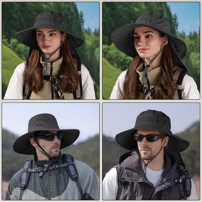Sun Hats for Men Women, UPF50+ Protection Safari Hat,Wide Brim Fishing Hat with Neck Flap,Bucket Hats for Beach Hiking - color: Blacksleeves