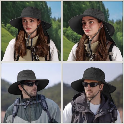 Sun Hats for Men Women, UPF50+ Protection Safari Hat,Wide Brim Fishing Hat with Neck Flap,Bucket Hats for Beach Hiking - color: Blacksleeves