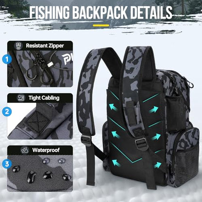 PLUSINNO Cooler Fishing Backpack with Rod Holders 45L Large Water-resistant Fishing Tackle bag Store Fishing Gear Fishing Gifts for Men Father - color: Black Camo