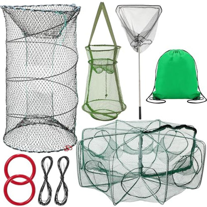 JaGely 5 Pcs Fishing Net Accessories Include Fishing Landing Net with Handle, 26in x 13in Portable Folded Cast Net, 8 Holes 8 Sides Collapsible Fishing Bait Trap, Fishing Keep Net, Drawstring Bag